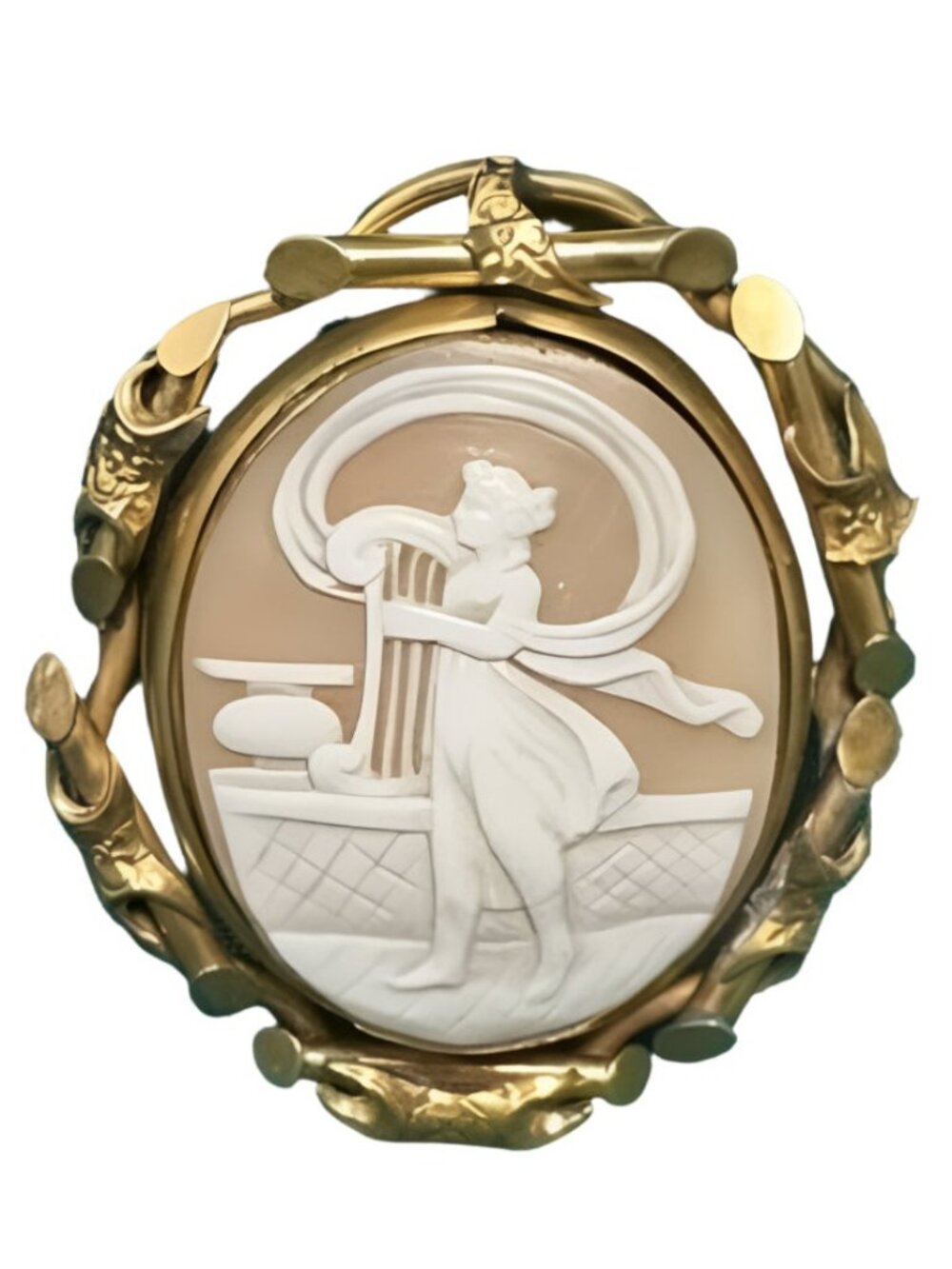 Victorian Era Sardonyx Shell Cameo Brooch With Erato The Muse Gold Frame Locket